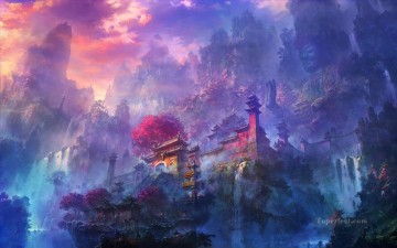 Mountain Painting - fantastic world Chinese temple in mountain